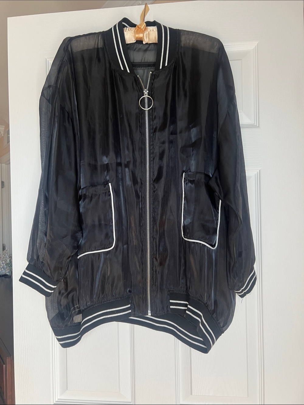 Zara Black Sheer Bomber Jacket with White Trim